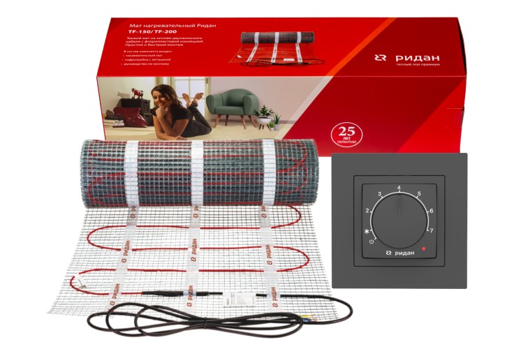 Ridan 21RT1072R — Розничный комплект для теплого пола: нагревательный мат Ridan TF-200 9 м² с терморегулятором Ridan Twist (белый)