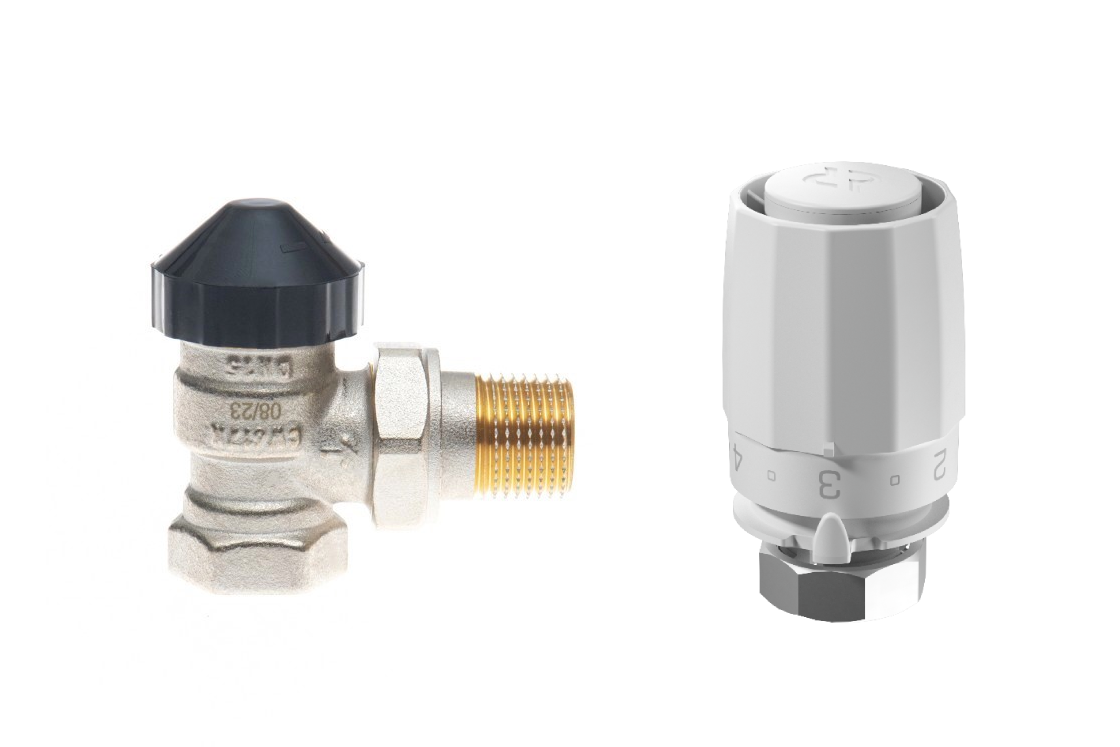 Комплект для двухтрубной системы отопления для радиаторов или конвекторов отопления с боковым подключением: клапан терморегулирующий 013G7013R (Ду15, угловой) + термостатический элемент 003G8001R (присоединение М30х1,5)