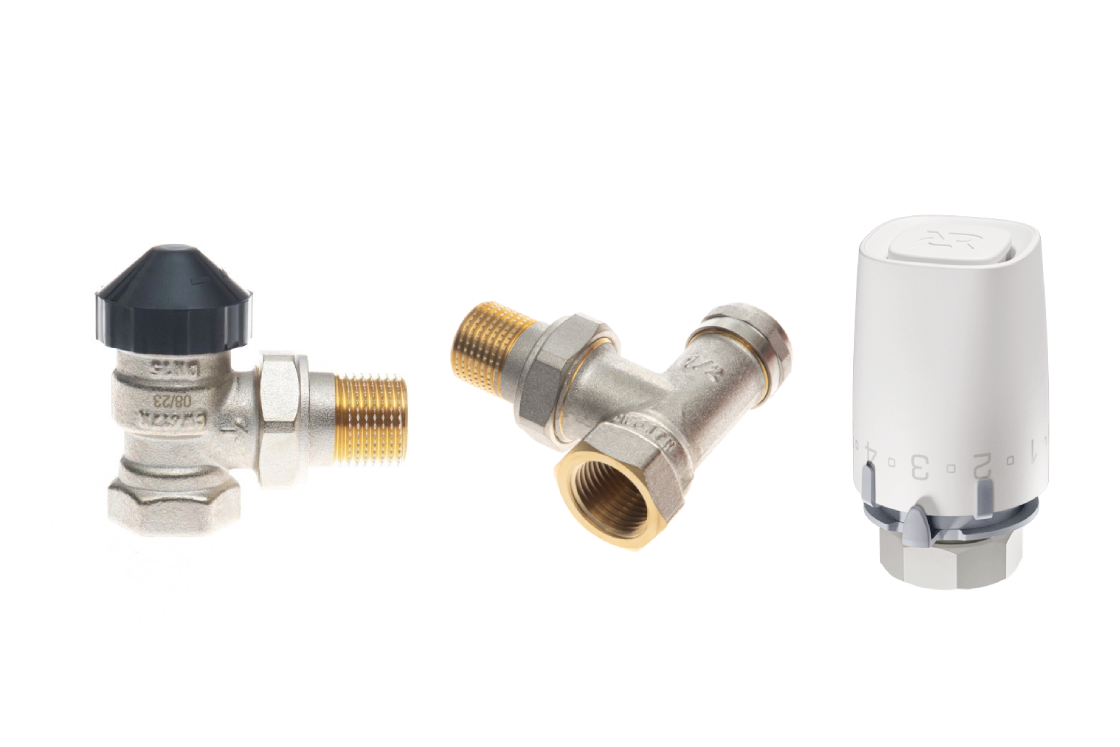 Комплект для двухтрубной системы отопления: клапан терморегулирующий 013G7013R + клапан запорный угловой 003L0143R + термостатический элемент 003G9001R (присоединение М30х1,5)